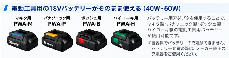 電動工具用の18Vバッテリーがそのまま使える 40W・60W