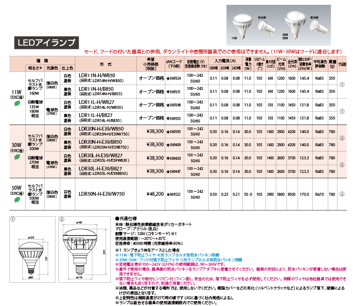 岩崎電気 LDR11N-H/W850 (旧形式:LDR14N-H/W850) レディオック LEDアイランプ 11W (E26口金) 昼白色  白熱電球135W・180W相当 白色塗装 激安特価販売